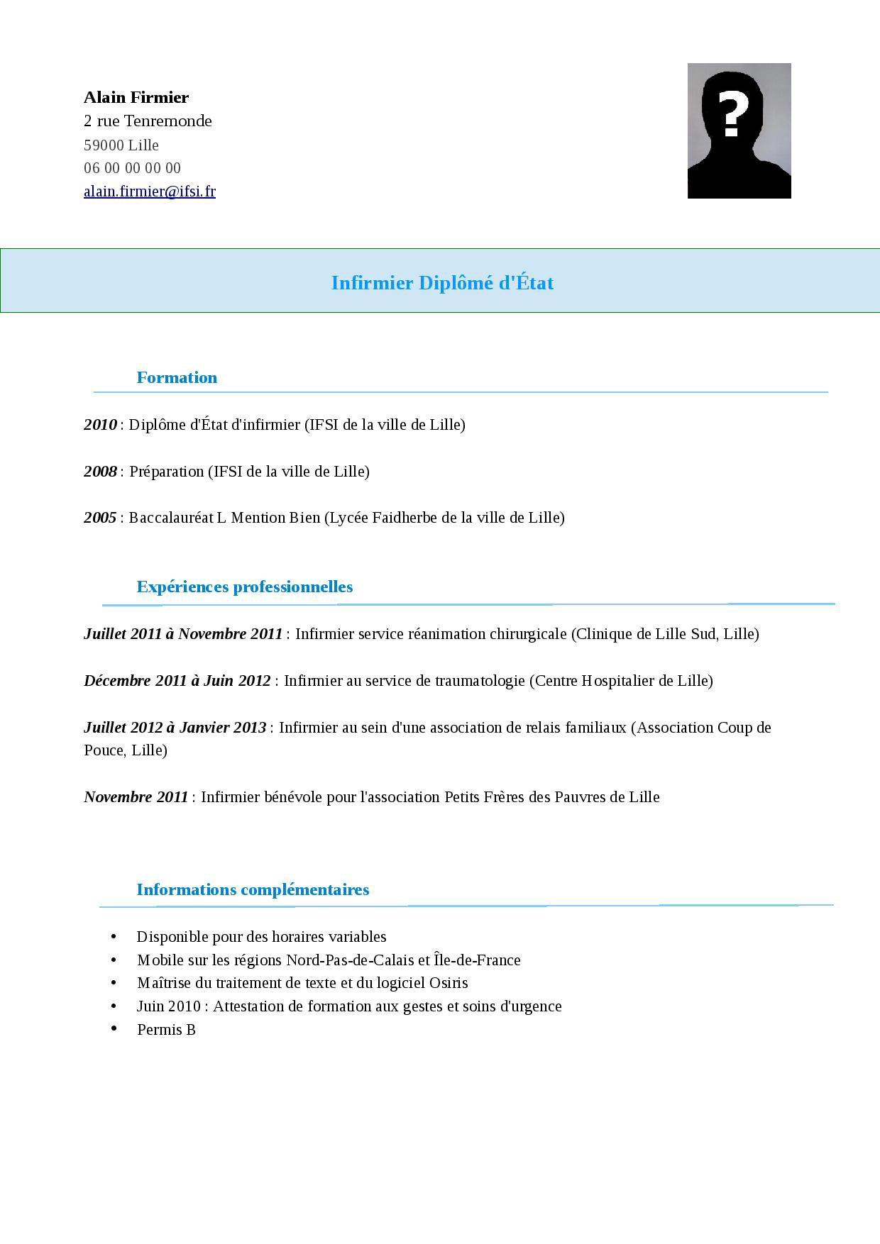 Exemple, modèle de CV Infirmier  STAFFSANTÉ